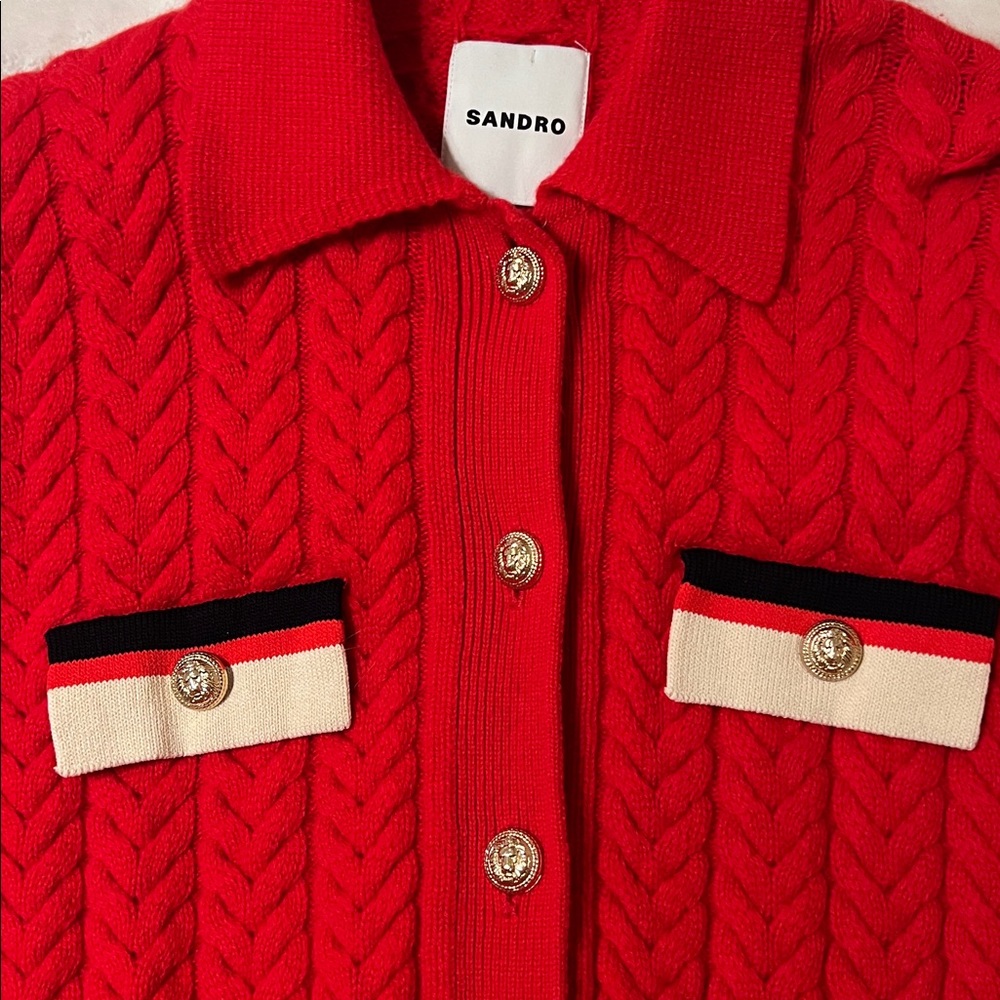 Sandro Vibrant Red Knit Cardigan with Gold Accents